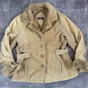 Women's Vintage Y2K Mudd Tan Brown Corduroy Faux Fur Collar Belted Jacket Sz XL